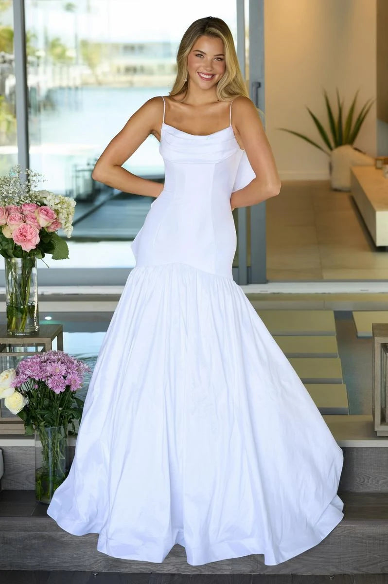 Elegant Draped Cowl Neck Sleeveless Bow Back White Floor-Length Prom Gown