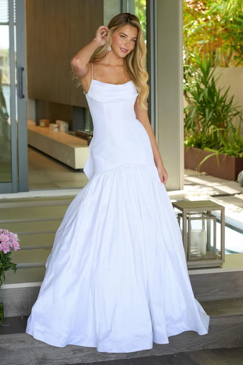 Elegant Draped Cowl Neck Sleeveless Bow Back White Floor-Length Prom Gown