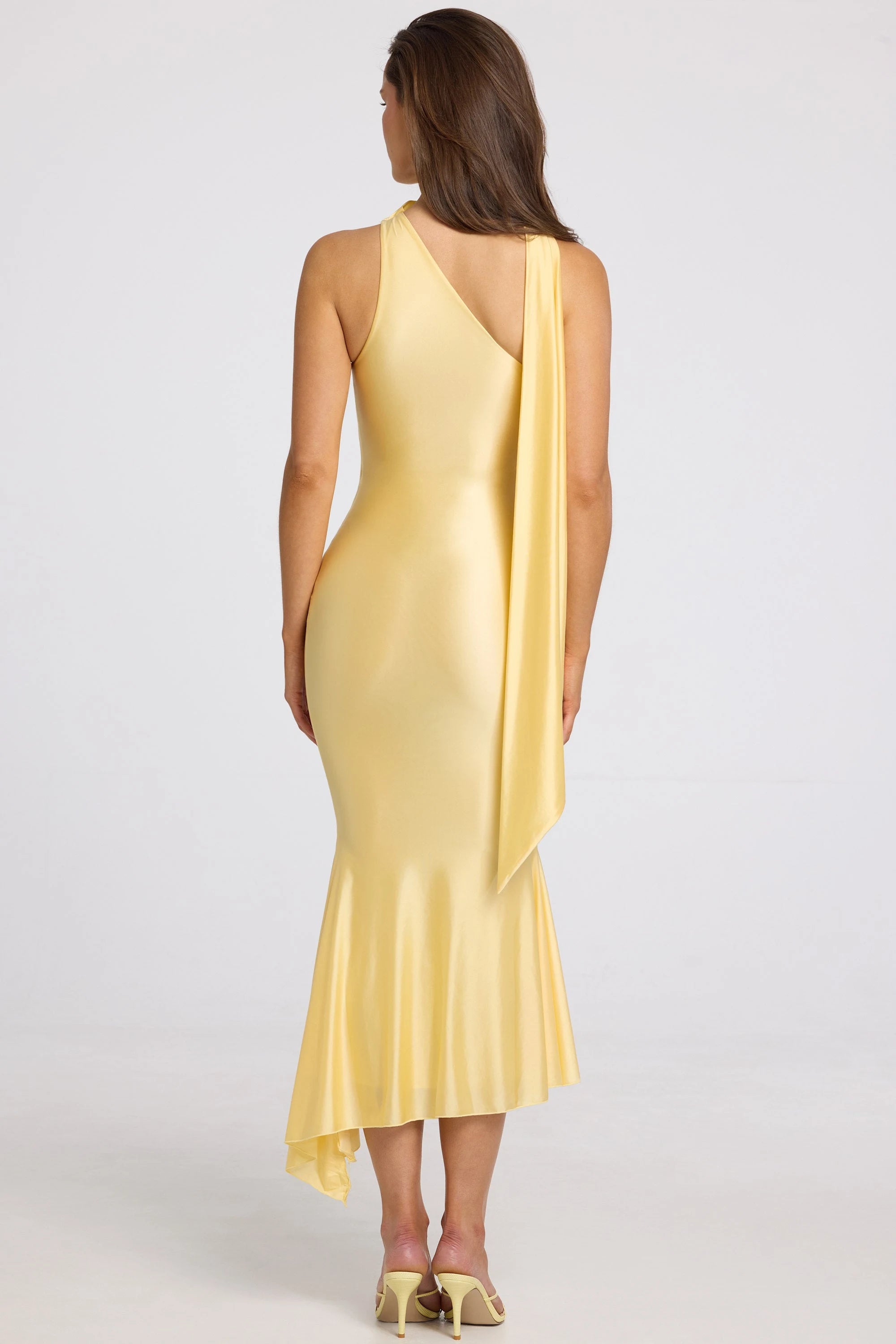 Elegant Draped Neck One-Shoulder Sleeveless Lemon Yellow Midi Prom Dress Women's Gown