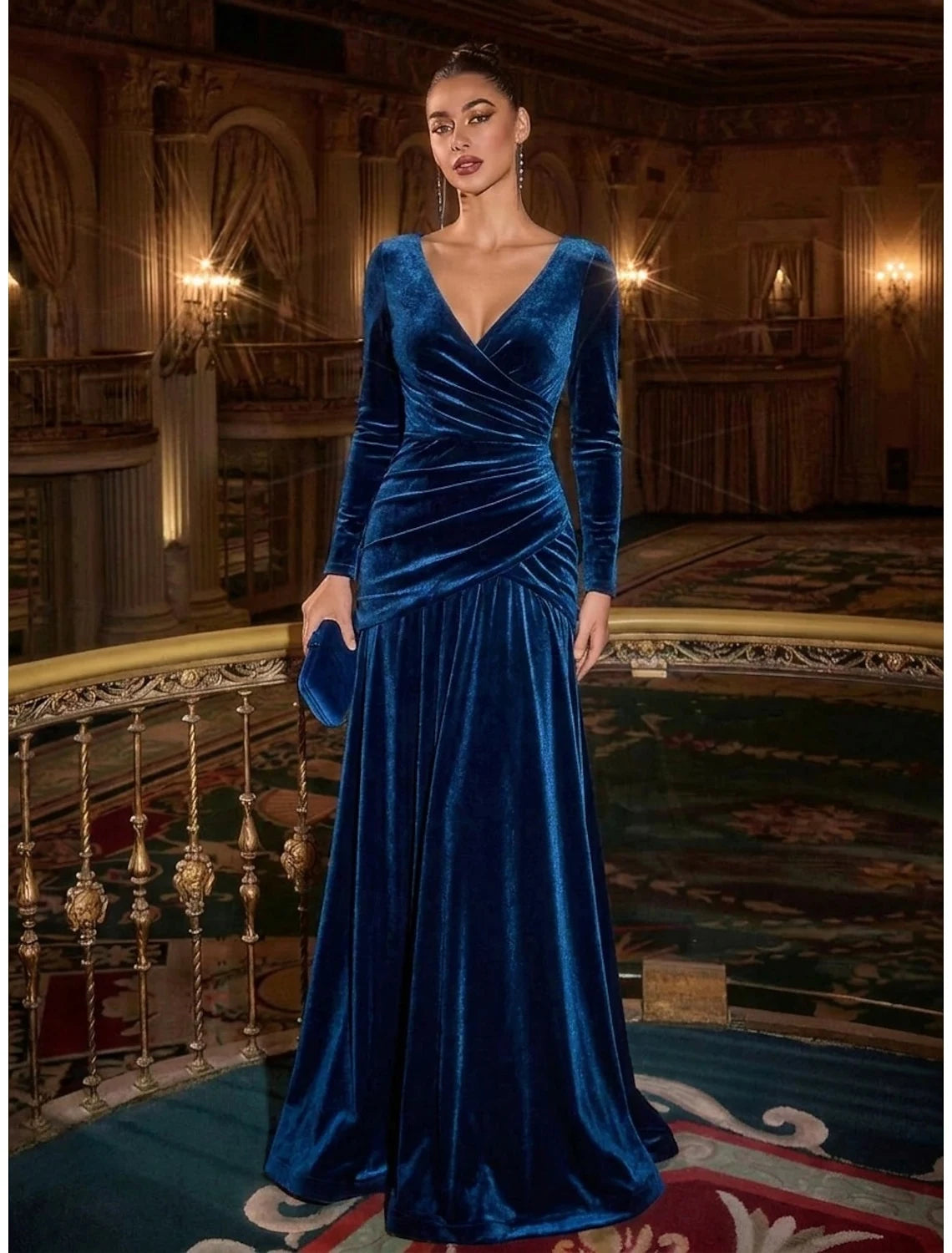Elegant Draped Ruched V-Neck Long Sleeve Sapphire Blue Floor-Length Evening Gown