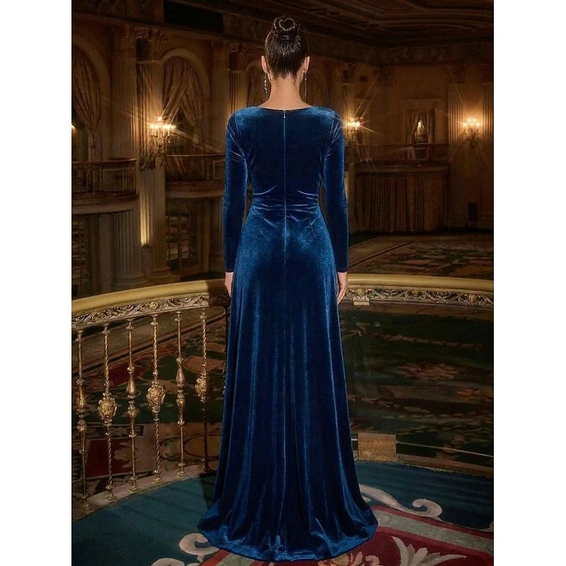 Elegant Draped Ruched V-Neck Long Sleeve Sapphire Blue Floor-Length Evening Gown