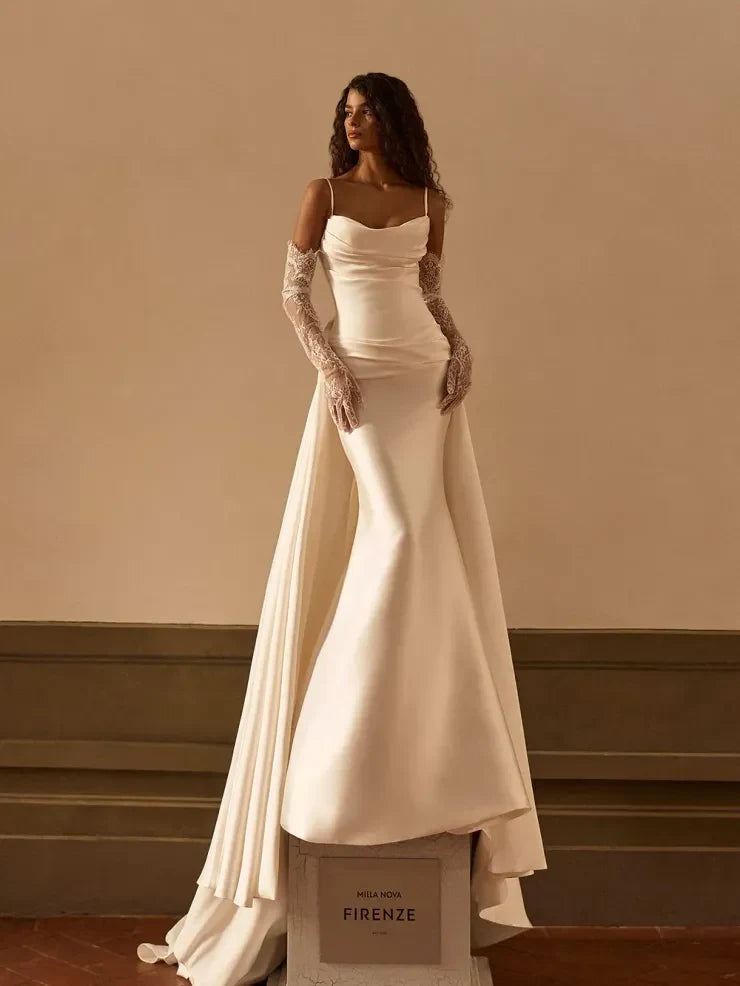 Elegant Draped Sweetheart Mermaid Detachable Train Ivory Floor-Length Wedding Gown