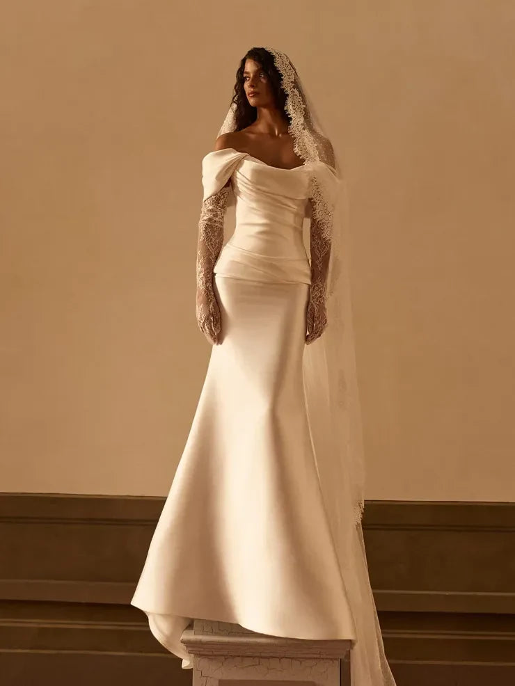 Elegant Draped Sweetheart Mermaid Detachable Train Ivory Floor-Length Wedding Gown