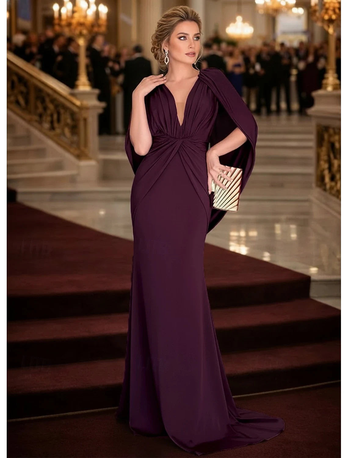 Elegant Draped V-Neck Mermaid Glamorous Plum Floor-Length Evening Dresses Gown