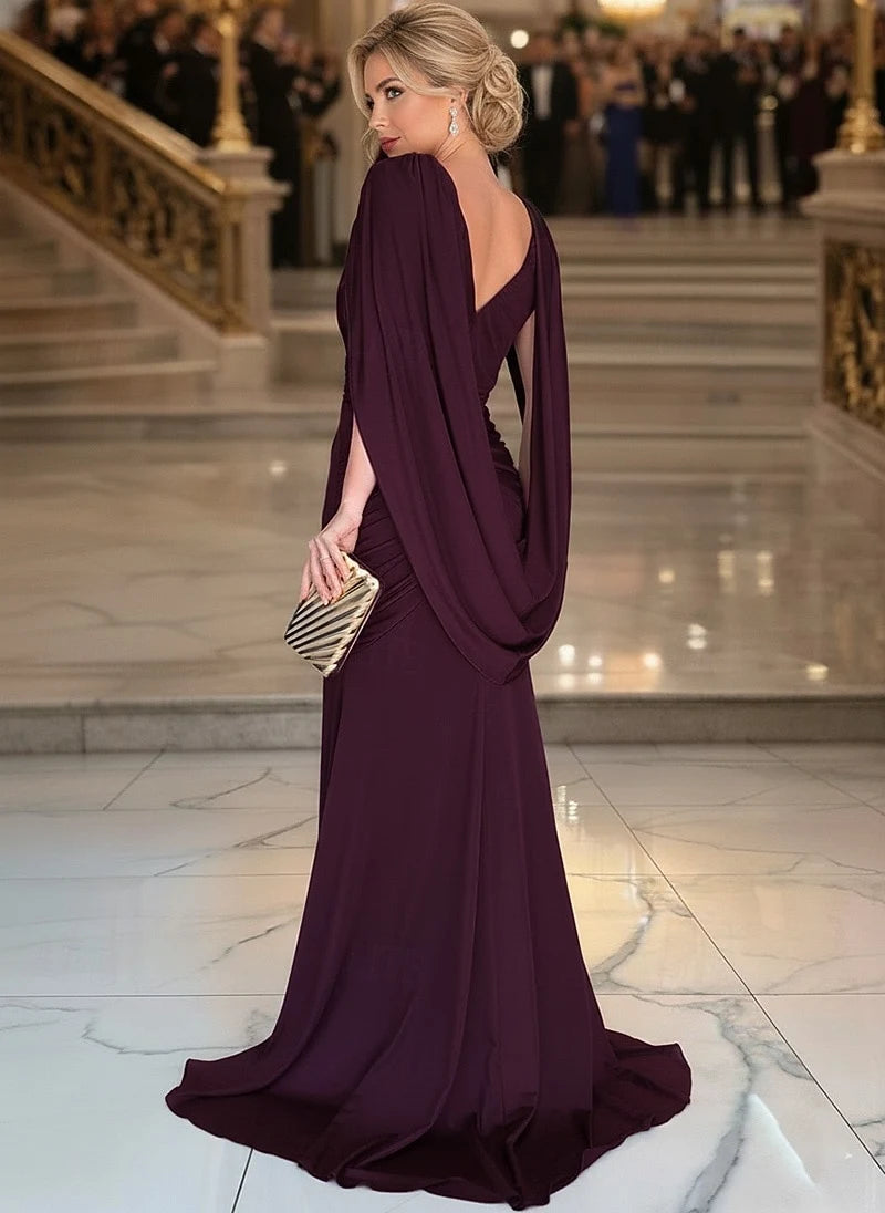 Elegant Draped V-Neck Mermaid Glamorous Plum Floor-Length Evening Dresses Gown