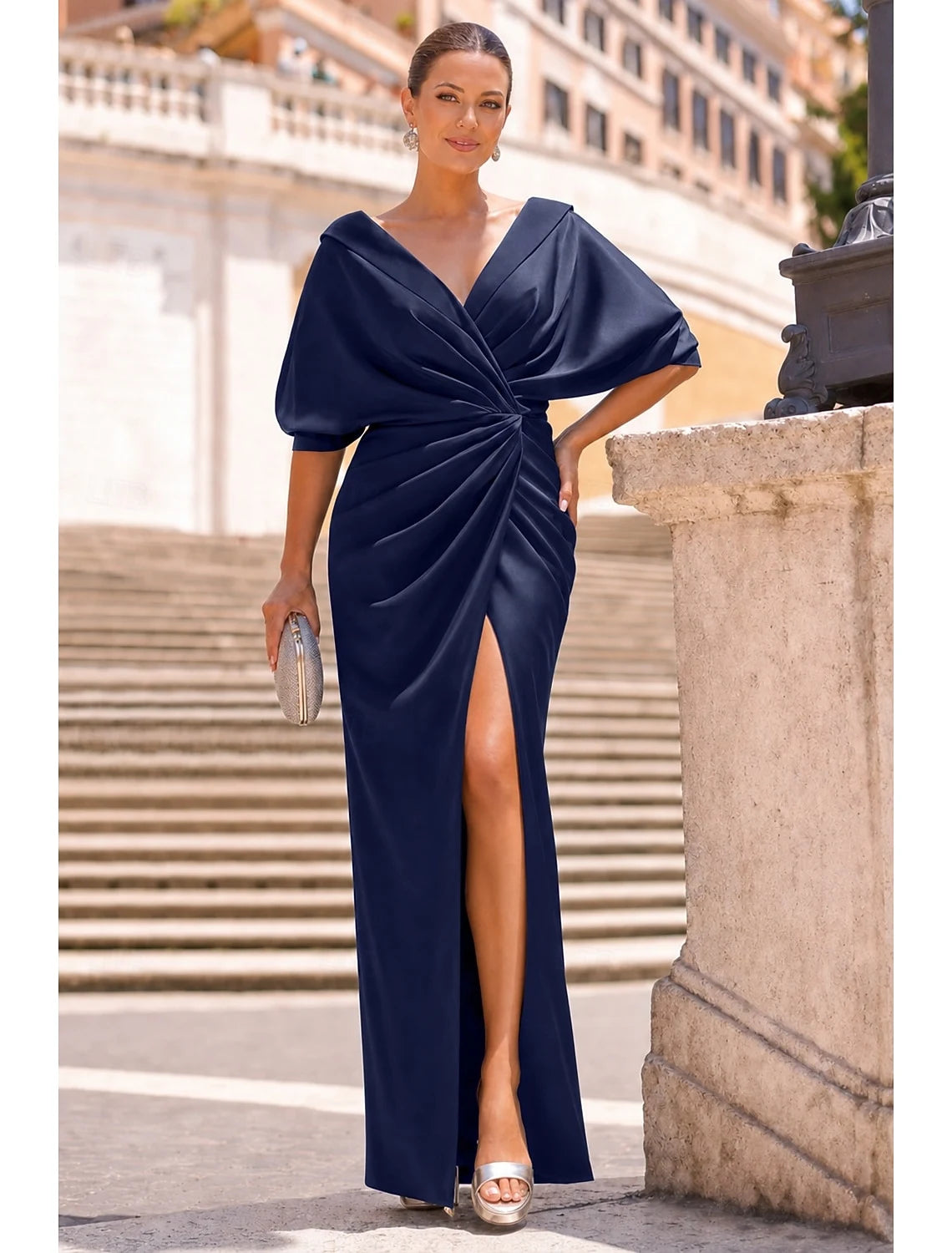 Elegant Draped V-Neck Short Sleeve Ruched Slit Navy Blue Floor-Length Evening Gown