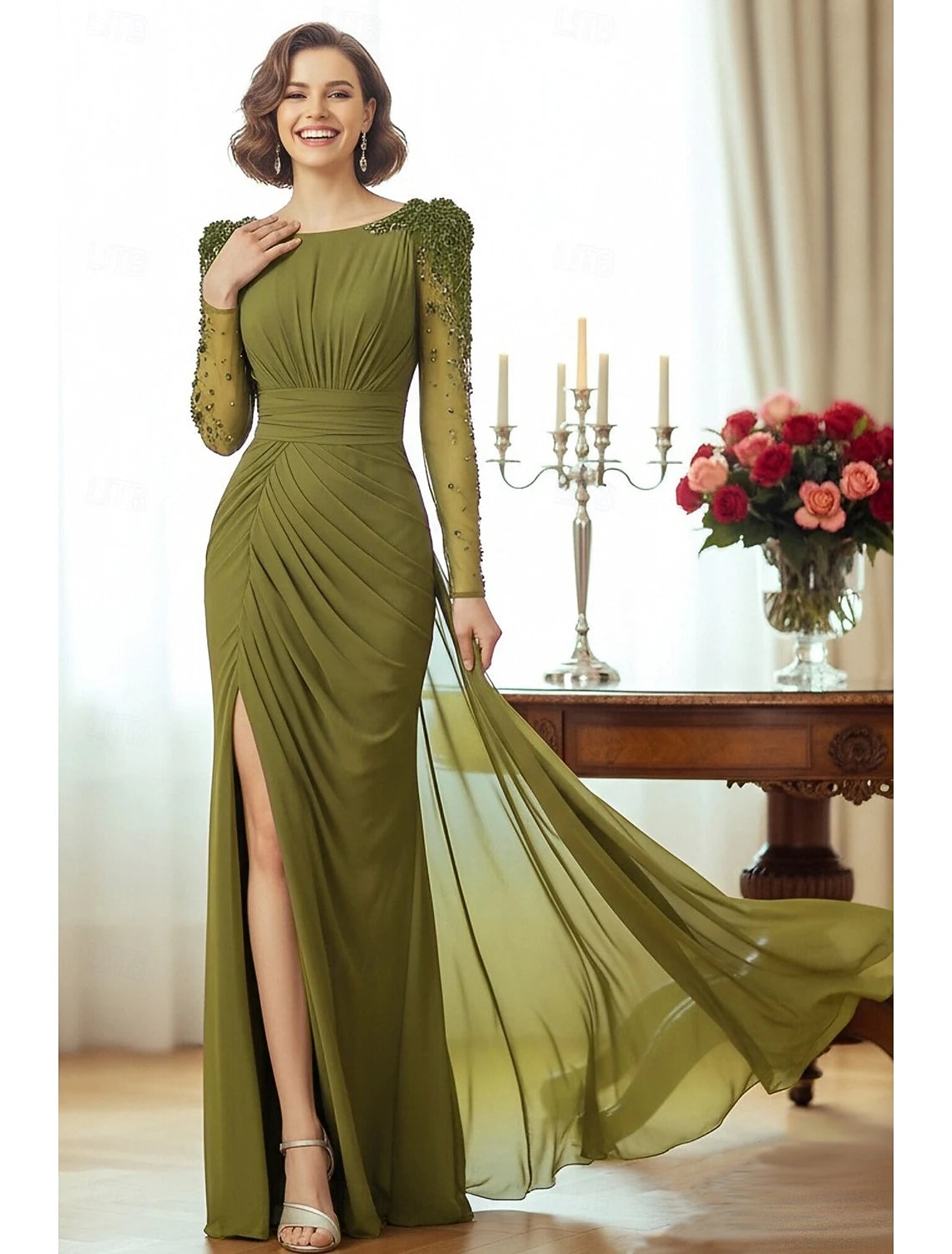 Elegant Fitted Boat Neck Long Sleeves Beaded Olive Green Floor Length Evening Gown