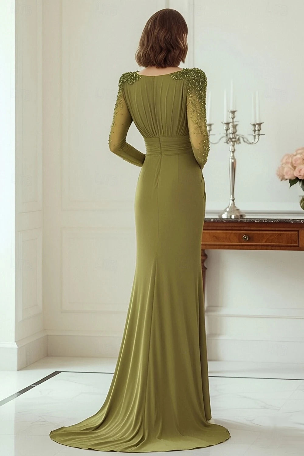 Elegant Fitted Boat Neck Long Sleeves Beaded Olive Green Floor Length Evening Gown