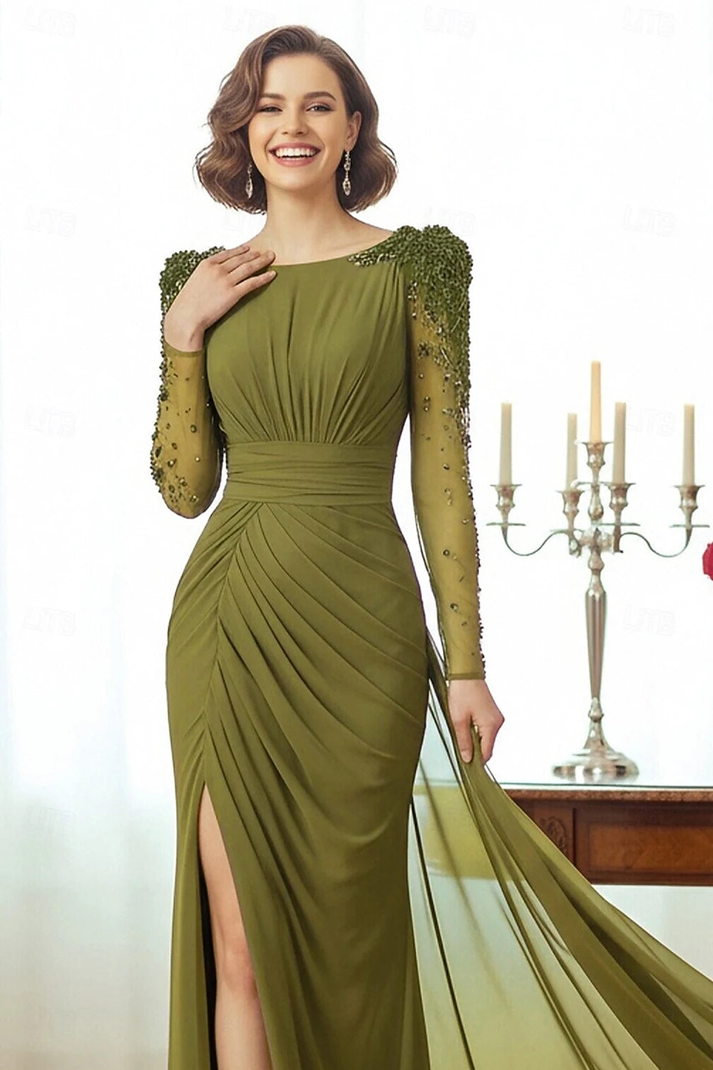 Elegant Fitted Boat Neck Long Sleeves Beaded Olive Green Floor Length Evening Gown