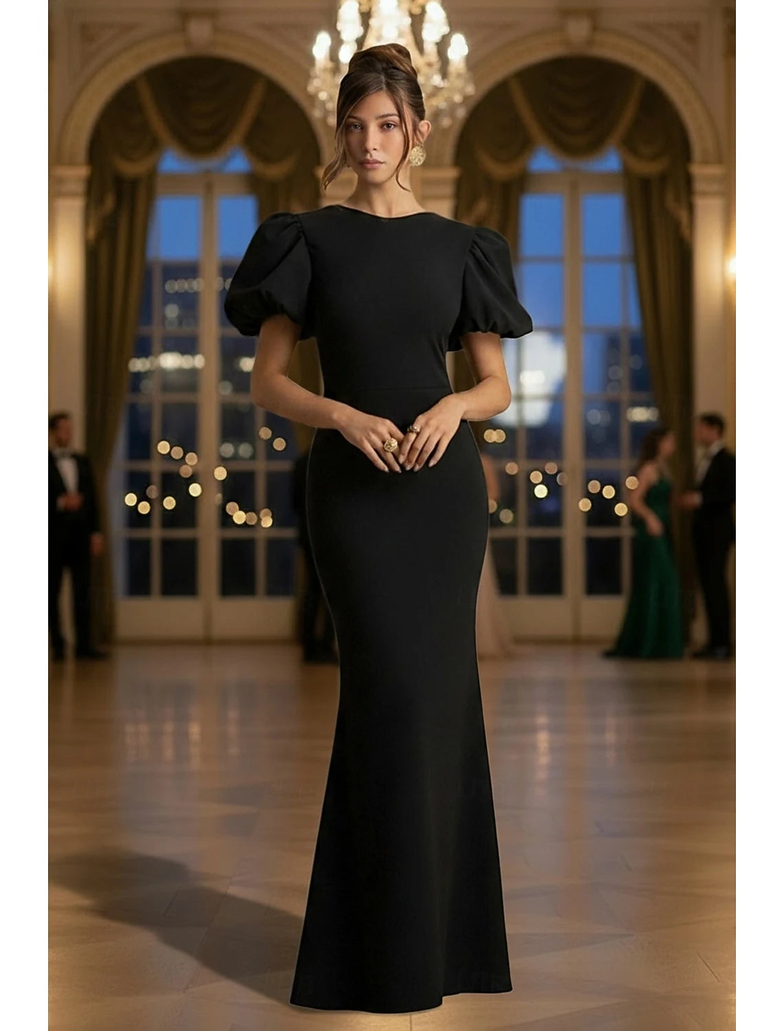 Elegant Fitted Boat Neck Puff Sleeve Back Bow Black Floor-Length Prom Dress