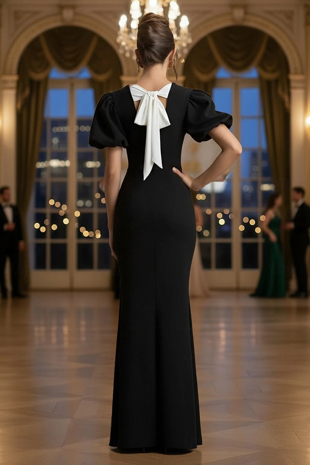 Elegant Fitted Boat Neck Puff Sleeve Back Bow Black Floor-Length Prom Dress