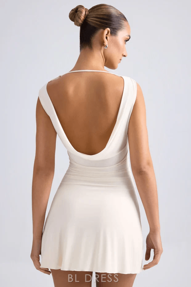 Elegant Fitted Boat Neck Sleeveless Draped Ivory Short Homecoming Dress Women