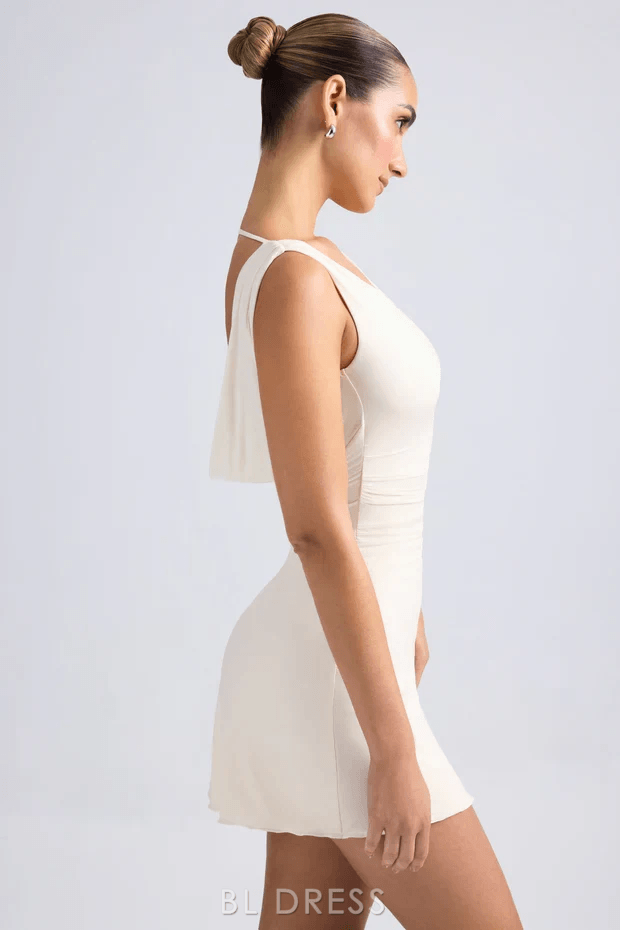 Elegant Fitted Boat Neck Sleeveless Draped Ivory Short Homecoming Dress Women