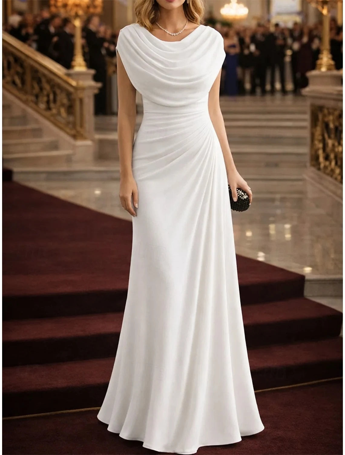 Elegant Fitted Cowl Neck Cap Sleeve Draped White Floor-Length Evening Dress for Women