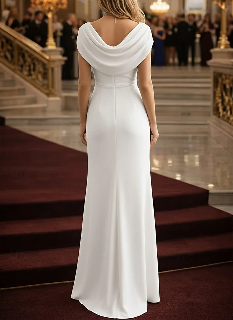 Elegant Fitted Cowl Neck Cap Sleeve Draped White Floor-Length Evening Dress for Women
