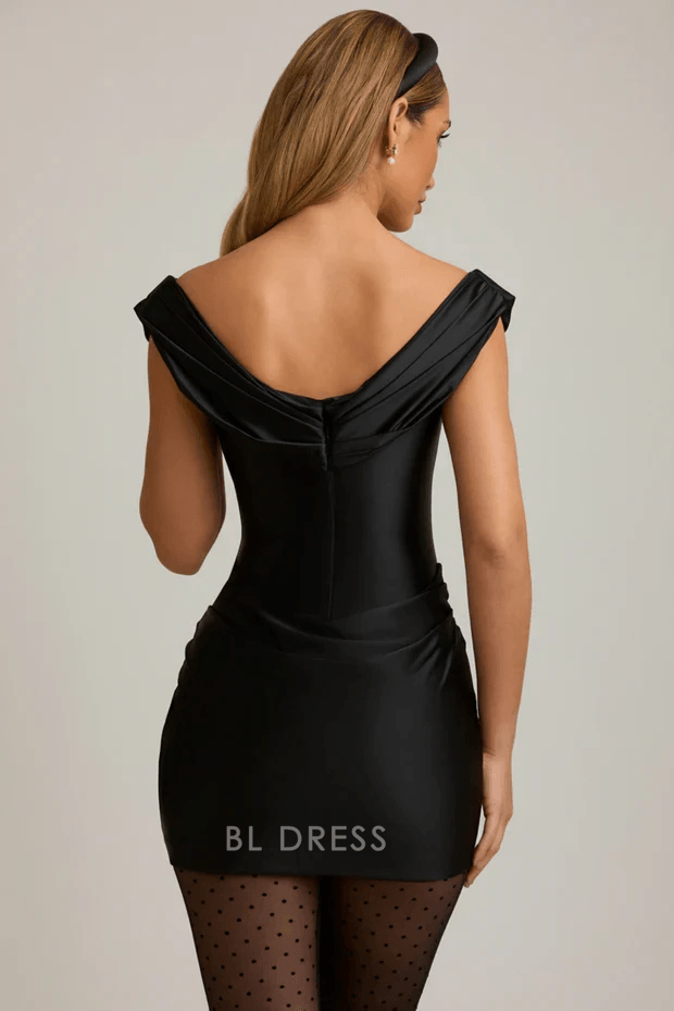Elegant Fitted Cowl Neck Sleeveless Ruched Black Mini Homecoming Dress