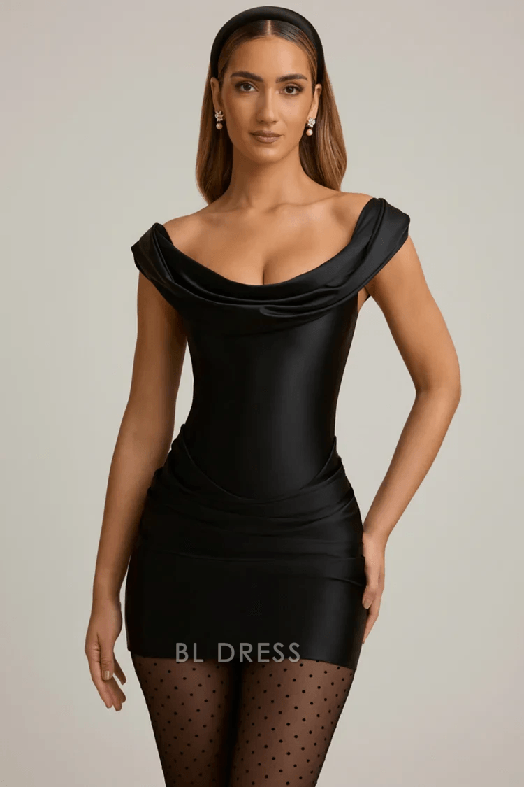 Elegant Fitted Cowl Neck Sleeveless Ruched Black Mini Homecoming Dress