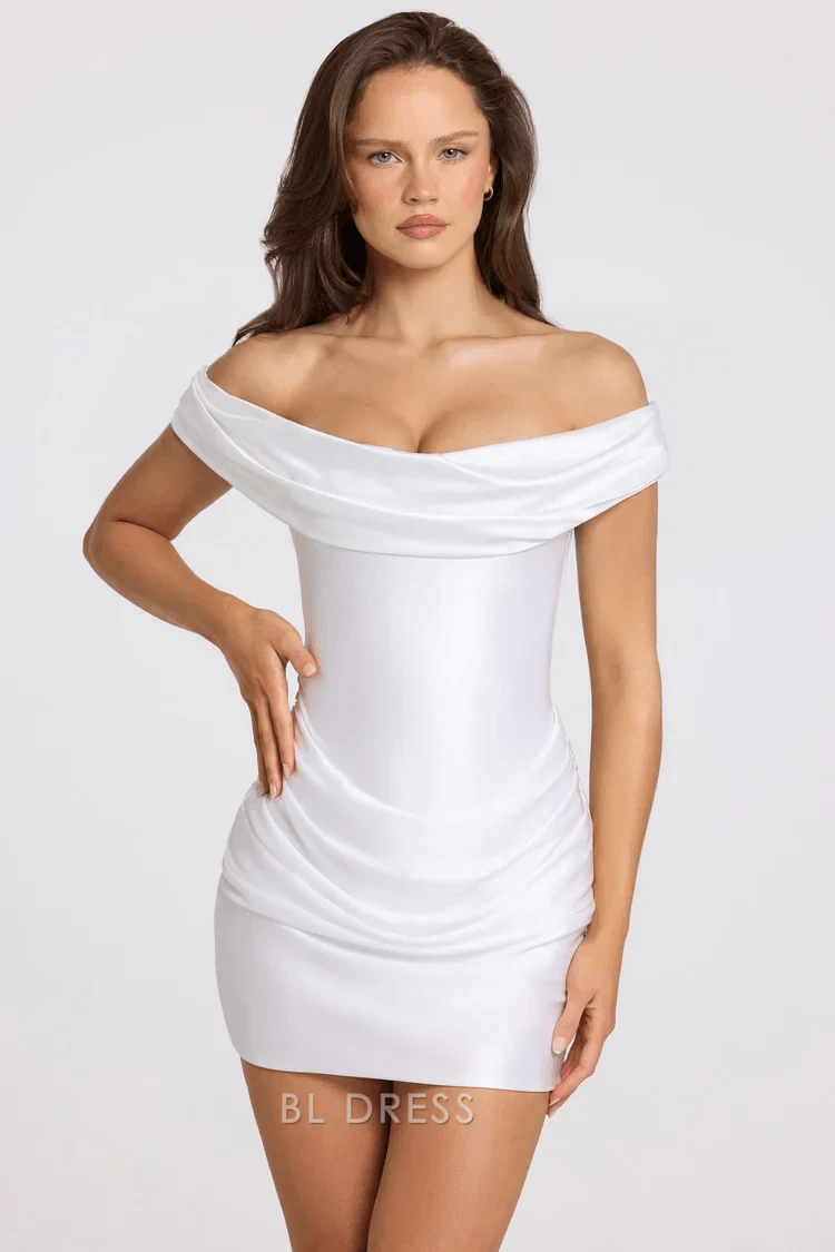 Elegant Fitted Draped Off-Shoulder Ruched White Mini Homecoming Dress Women's