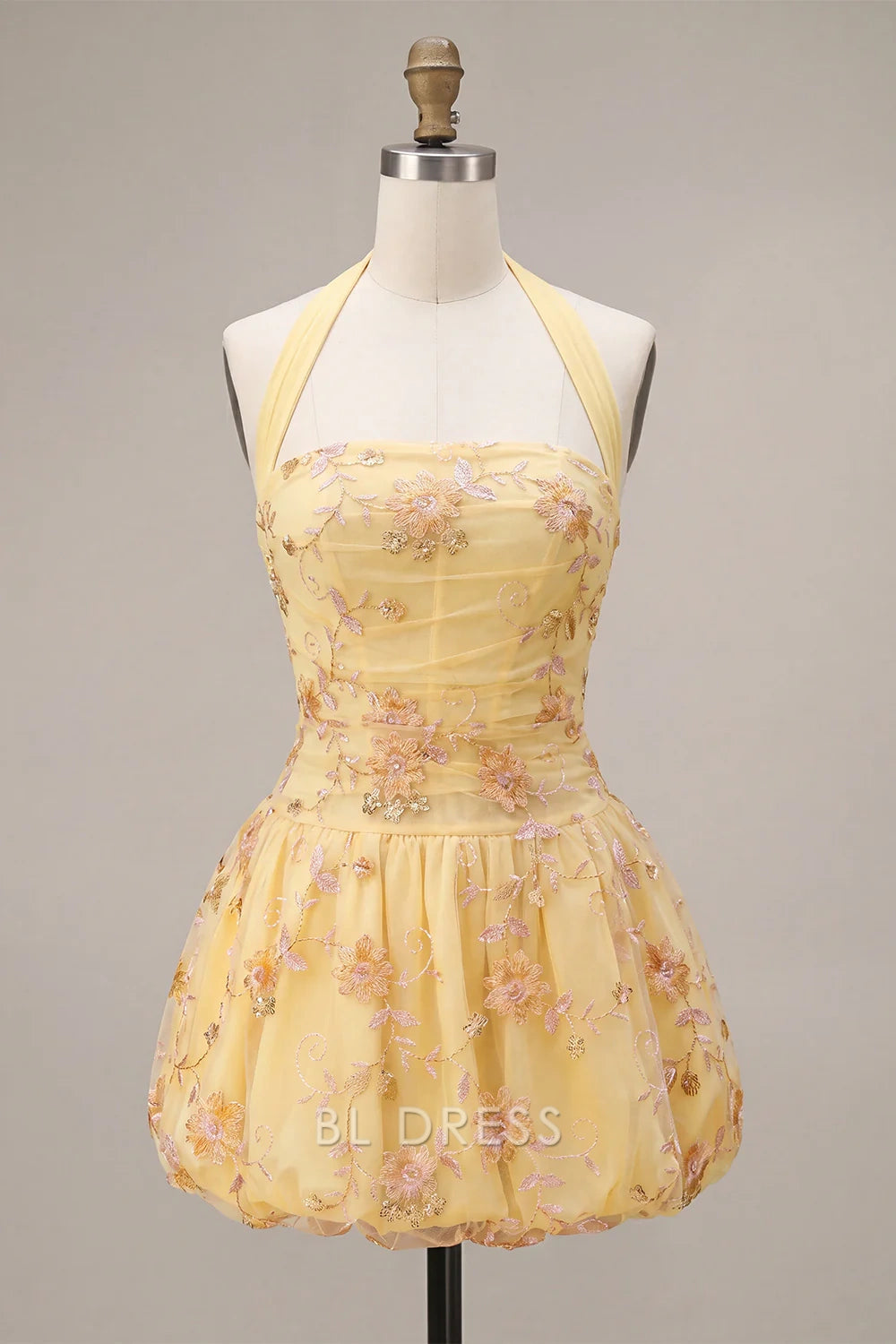 Elegant Fitted Halter Sleeveless Embroidered Sequin Yellow Short Homecoming Dresses Women's Gown