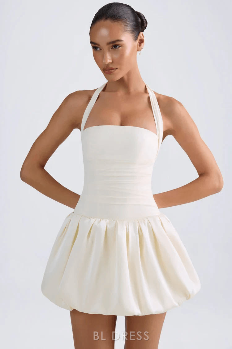 Elegant Fitted Halter Sleeveless Ruched Bodice Ivory Short Homecoming Dresses Women's Gown