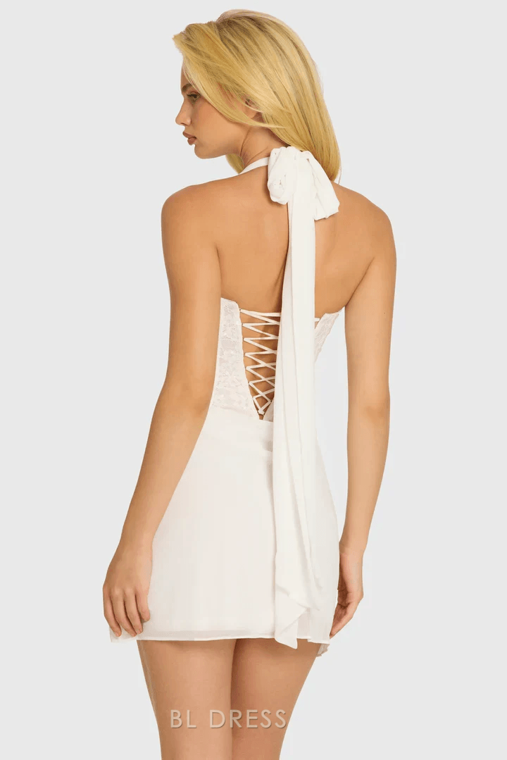 Elegant Fitted Halter Sweetheart Lace Corset Ivory Mini Homecoming Dresses Women
