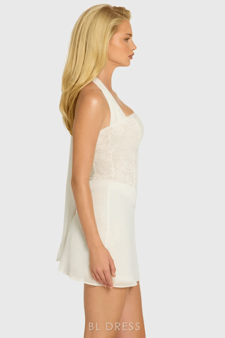 Elegant Fitted Halter Sweetheart Lace Corset Ivory Mini Homecoming Dresses Women
