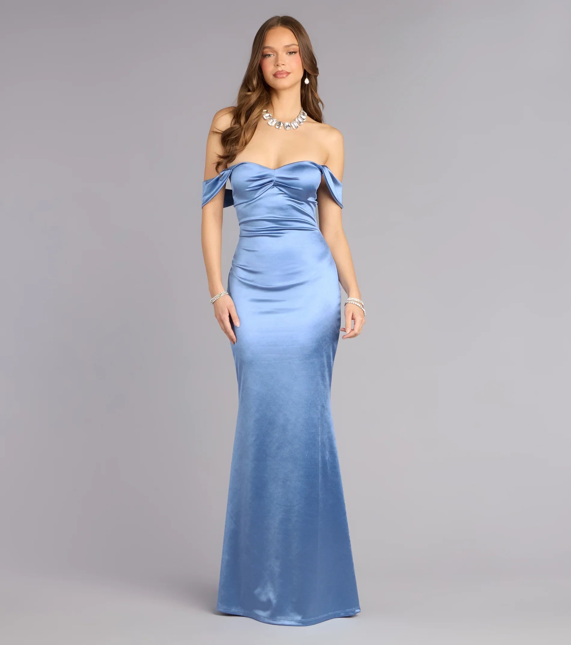 Elegant Fitted Off-Shoulder Ruched Chic Denim Blue Floor-Length Prom Dress