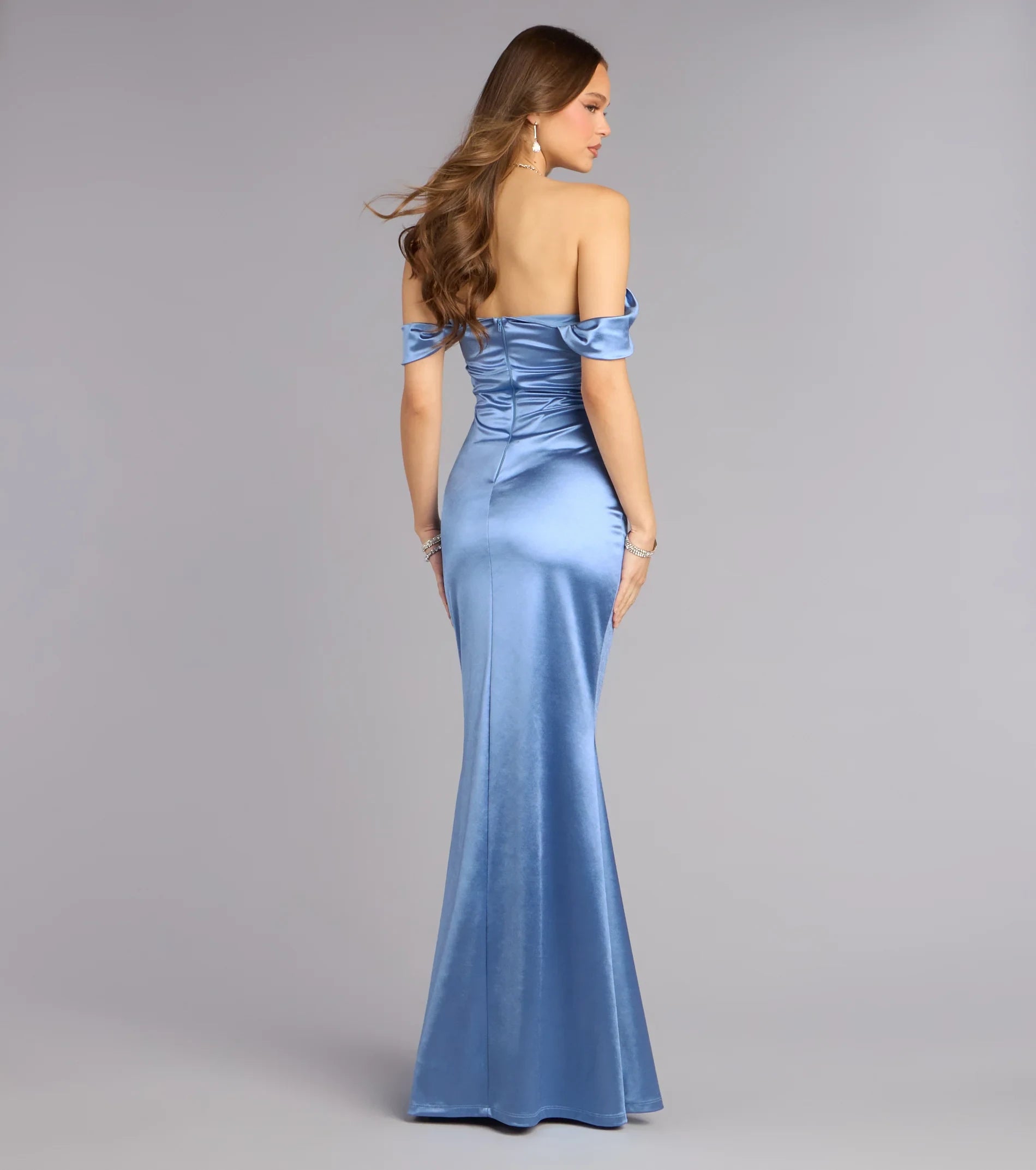 Elegant Fitted Off-Shoulder Ruched Chic Denim Blue Floor-Length Prom Dress