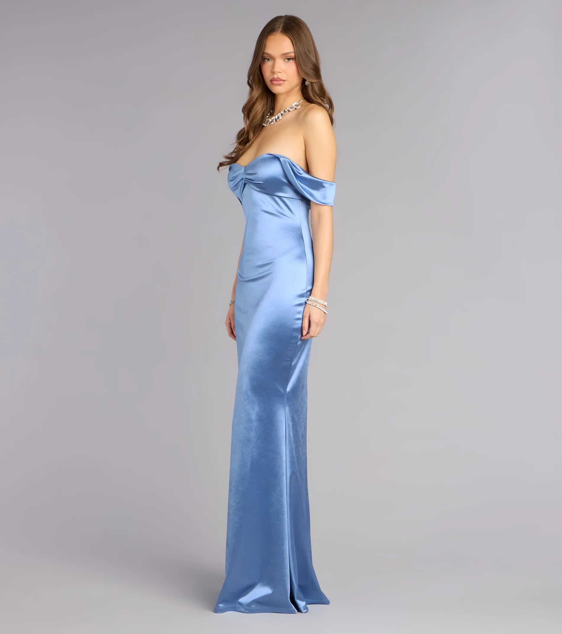 Elegant Fitted Off-Shoulder Ruched Chic Denim Blue Floor-Length Prom Dress