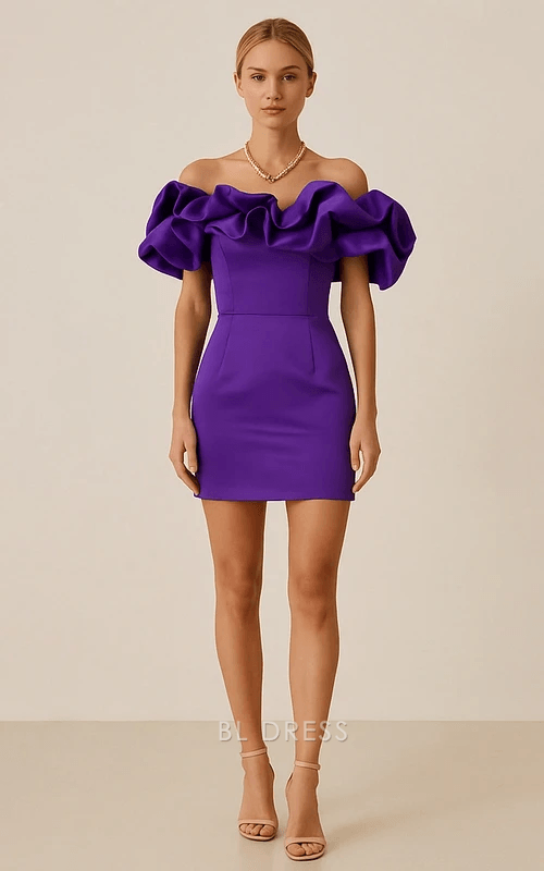 Elegant Fitted Off-Shoulder Ruffled Purple Mini Homecoming Dress Women's