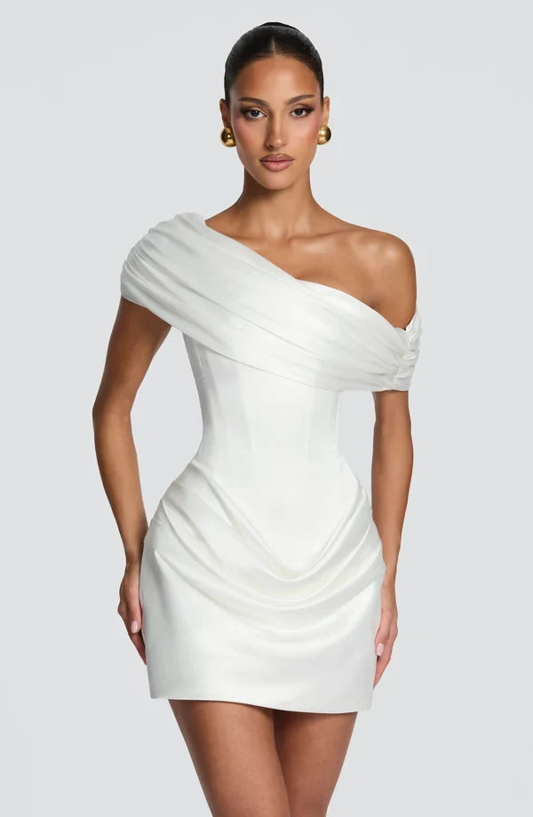 Elegant Fitted One-Shoulder Draped Chic Ivory Mini Homecoming Dress For Women