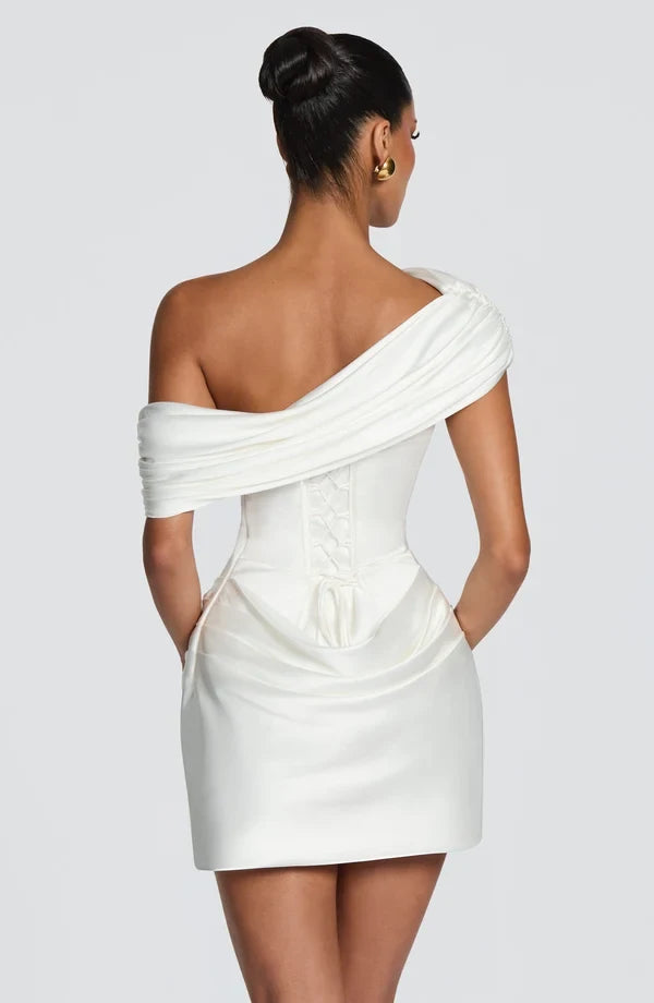 Elegant Fitted One-Shoulder Draped Chic Ivory Mini Homecoming Dress For Women