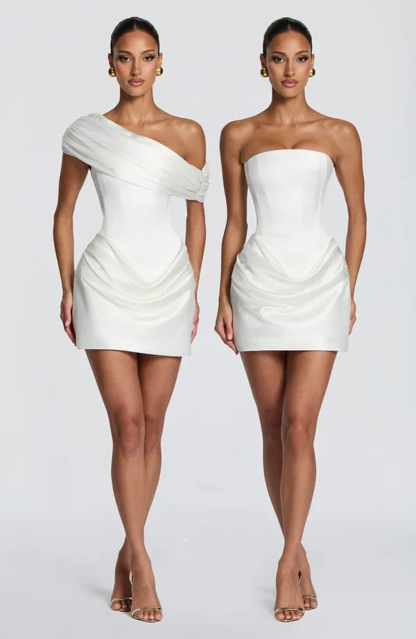 Elegant Fitted One-Shoulder Draped Chic Ivory Mini Homecoming Dress For Women