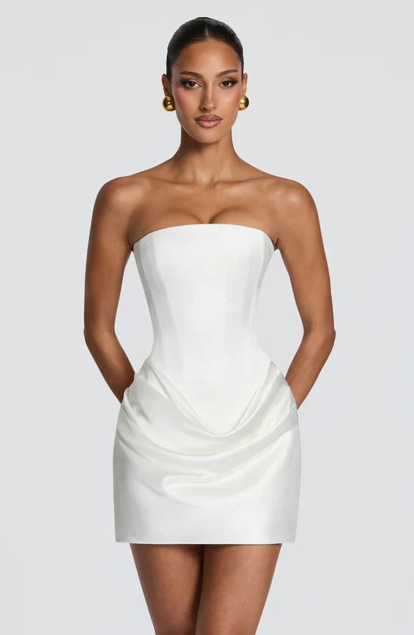 Elegant Fitted One-Shoulder Draped Chic Ivory Mini Homecoming Dress For Women