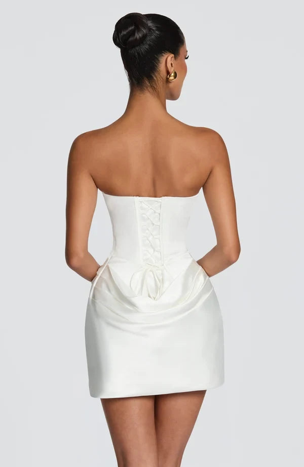 Elegant Fitted One-Shoulder Draped Chic Ivory Mini Homecoming Dress For Women