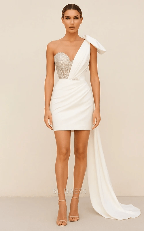 Elegant Fitted One-Shoulder Sequin Bodice Draped Ivory Mini Homecoming Women's Gown
