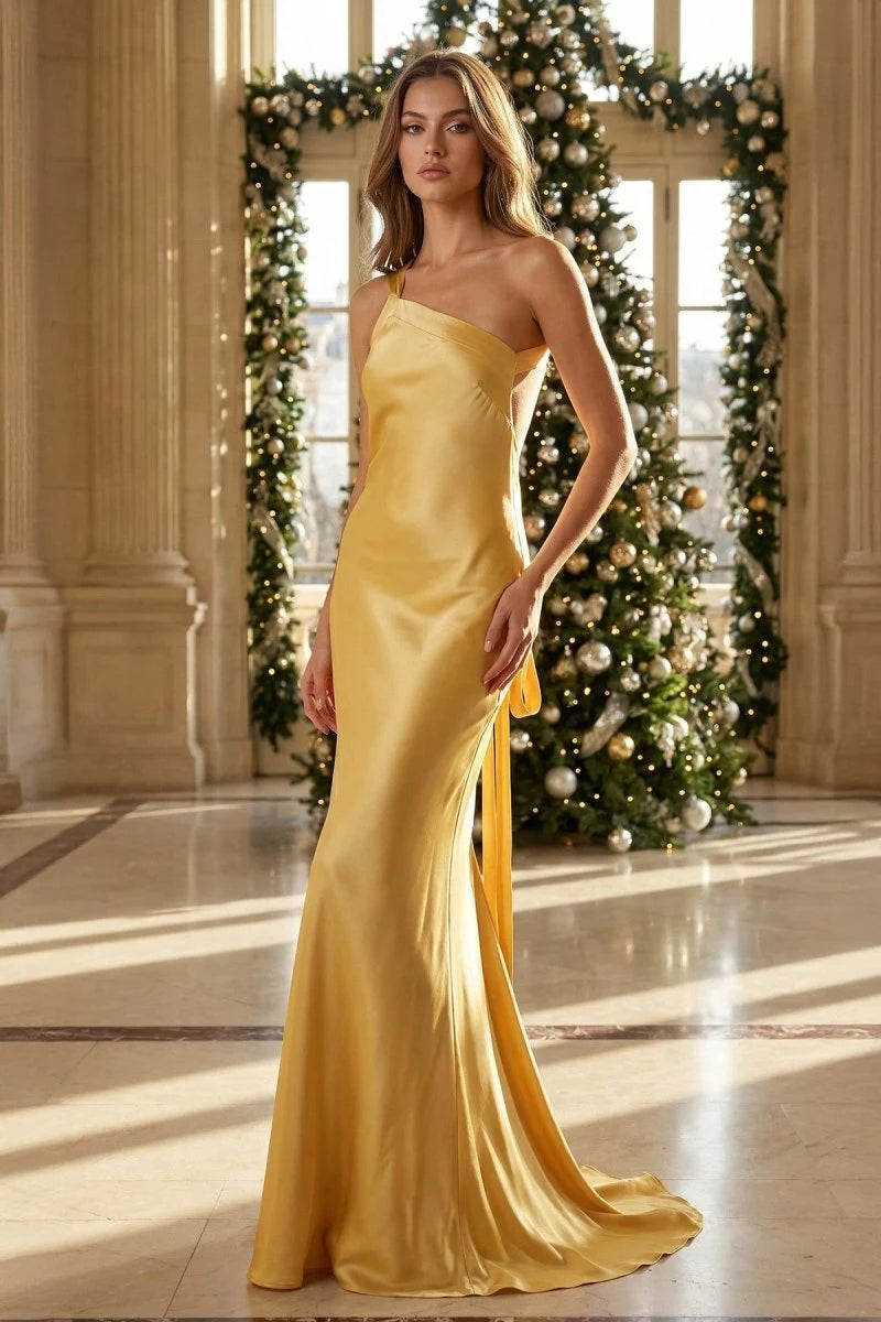 Elegant Fitted One-Shoulder Sleeveless Backless Draped Yellow Long Prom Dresses Women