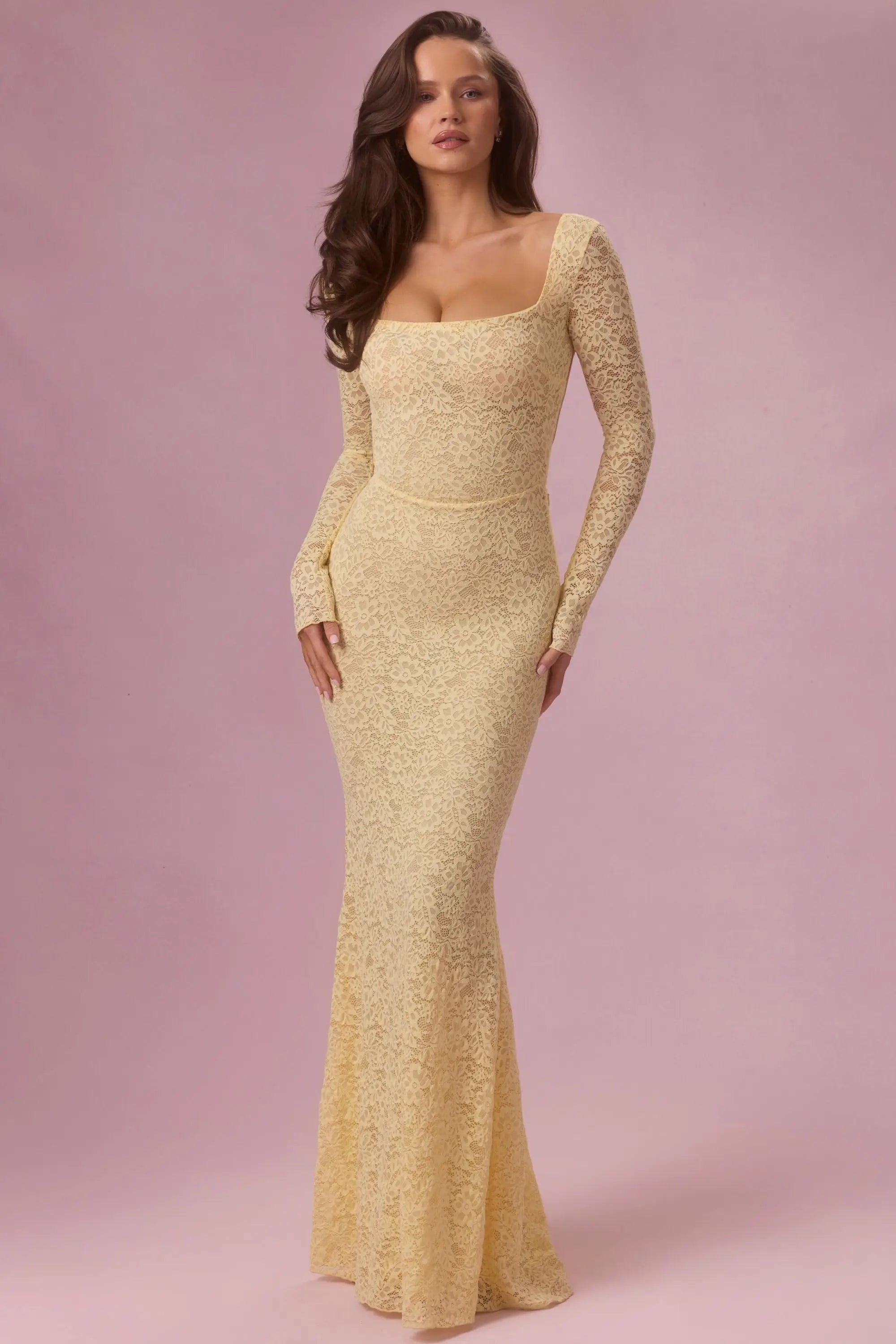 Elegant Fitted Square Neck Long Sleeve Backless Yellow Maxi Prom Gown
