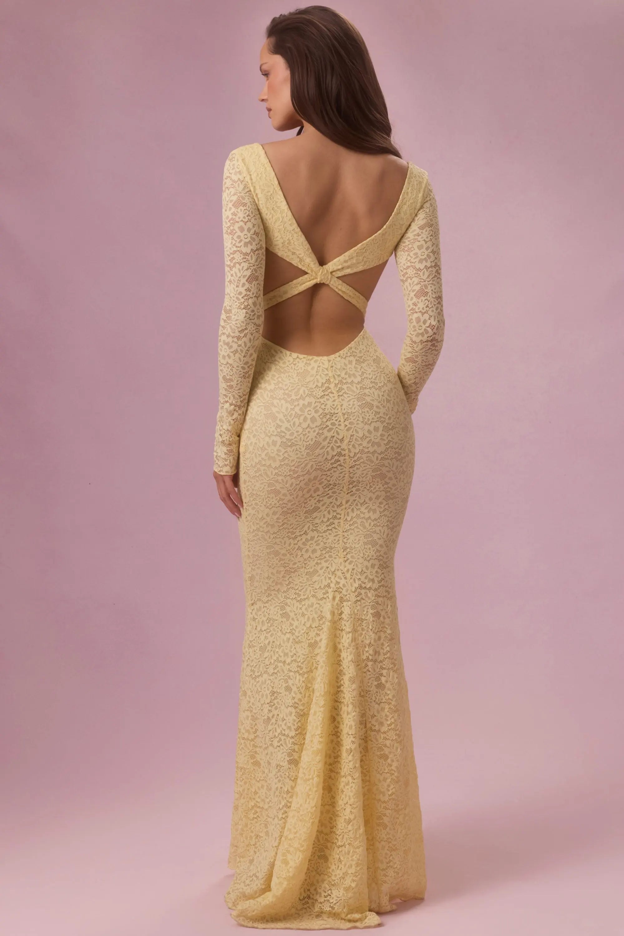 Elegant Fitted Square Neck Long Sleeve Backless Yellow Maxi Prom Gown