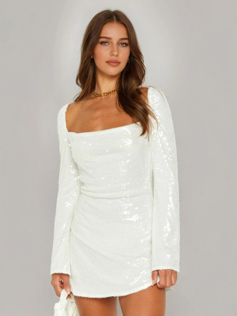 Elegant Fitted Square Neck Long Sleeve Sequin White Mini Homecoming Dress