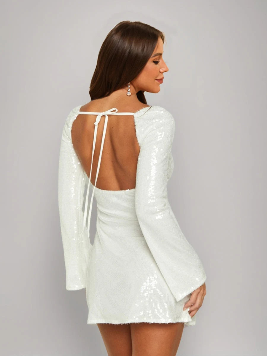 Elegant Fitted Square Neck Long Sleeve Sequin White Mini Homecoming Dress