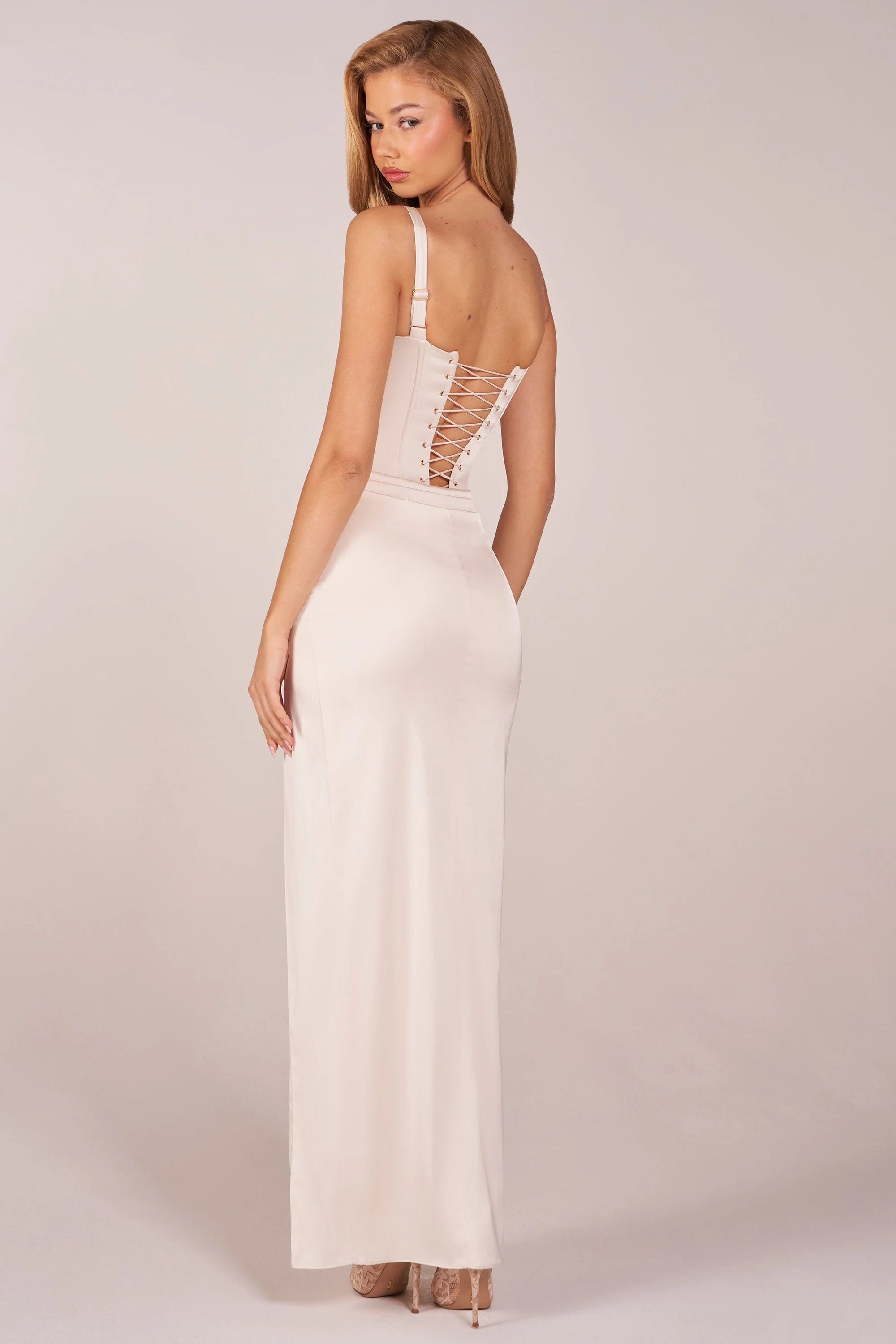 Elegant Fitted Square Neck Sleeveless Corset High Slit Ivory Maxi Prom Gown