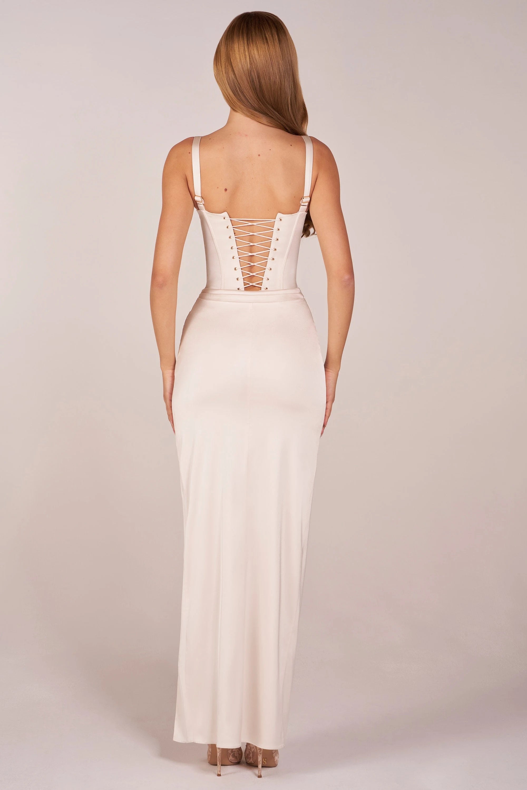 Elegant Fitted Square Neck Sleeveless Corset High Slit Ivory Maxi Prom Gown