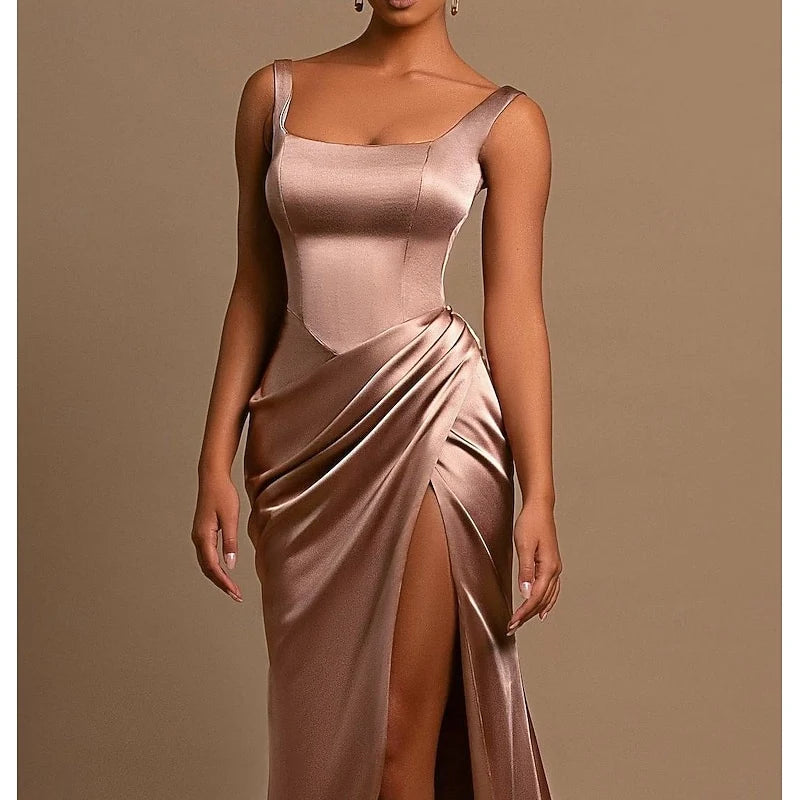 Elegant Fitted Square Neck Sleeveless Draped Slit Rose Gold Floor-Length Prom Gown