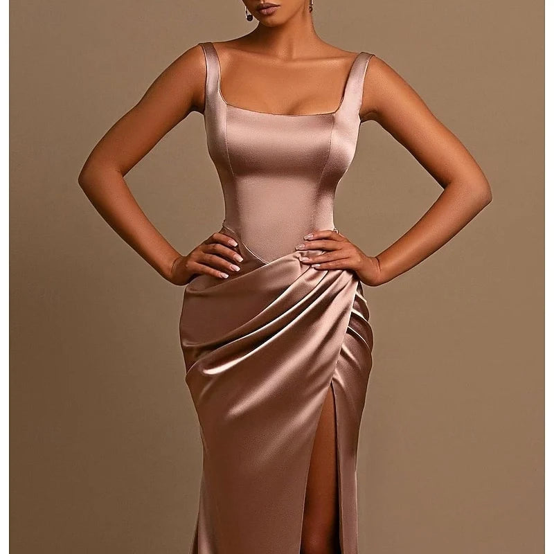 Elegant Fitted Square Neck Sleeveless Draped Slit Rose Gold Floor-Length Prom Gown