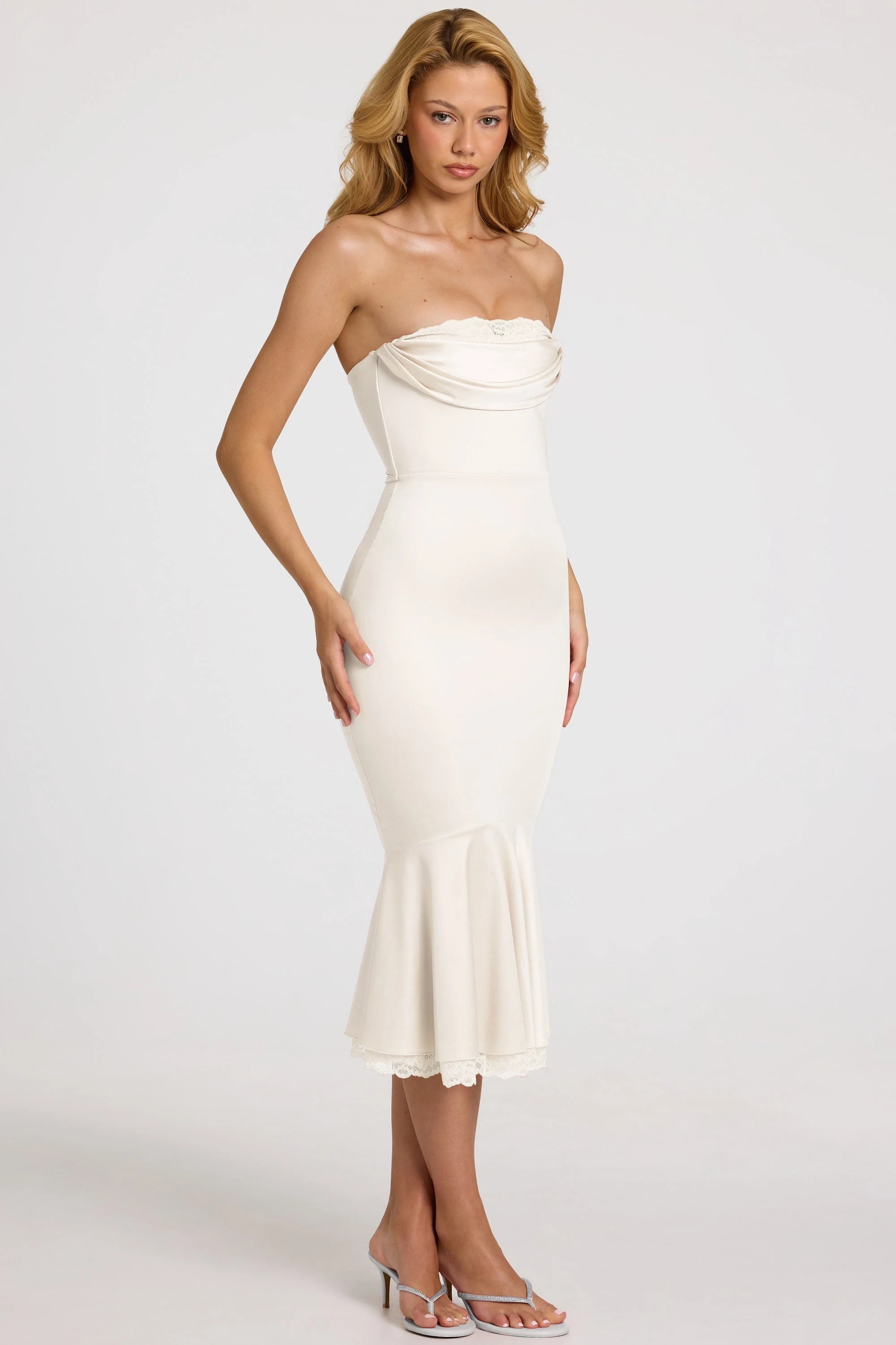 Elegant Fitted Strapless Draped Lace Trim Ivory Midi Prom Dress Women's Gown