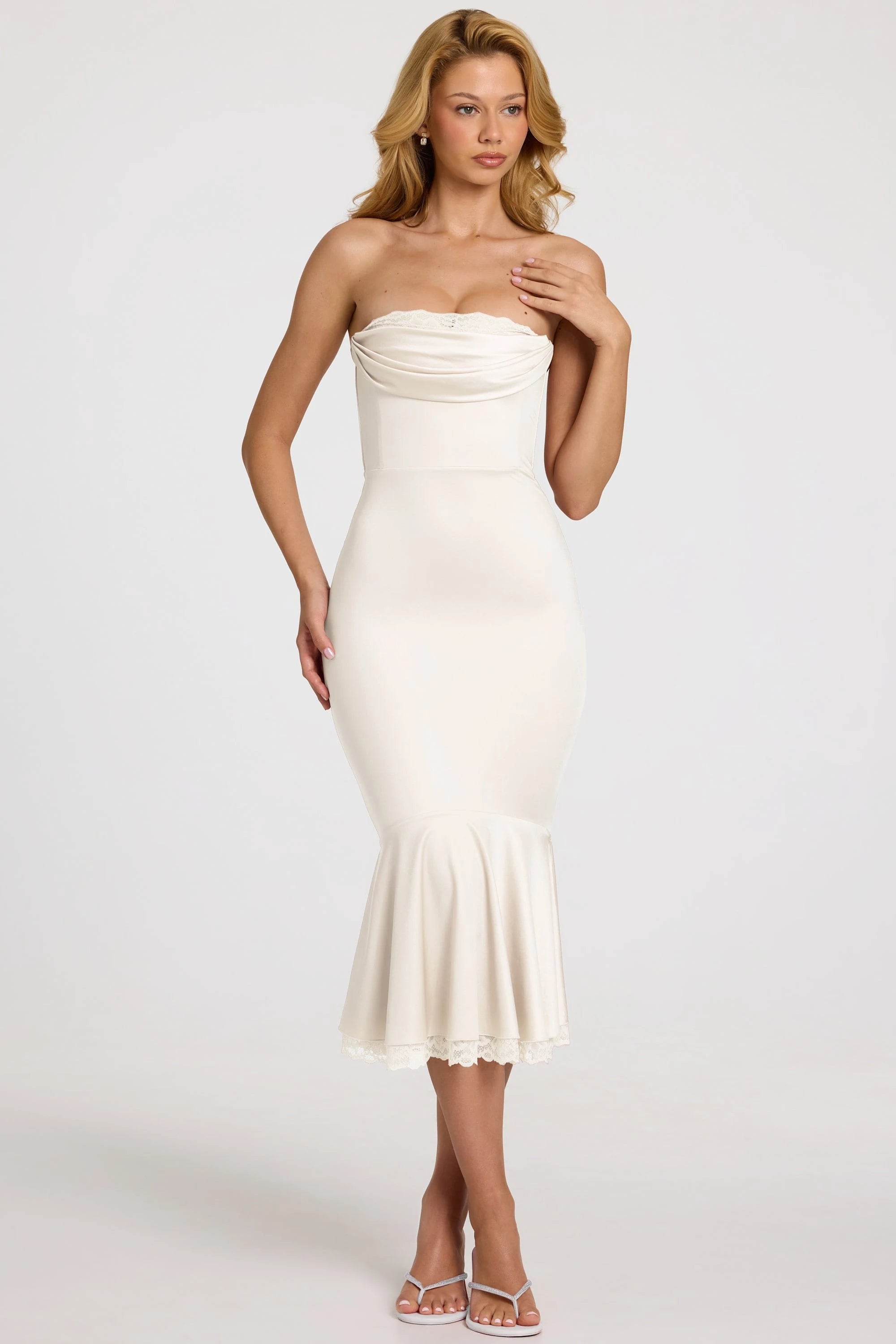 Elegant Fitted Strapless Draped Lace Trim Ivory Midi Prom Dress Women's Gown