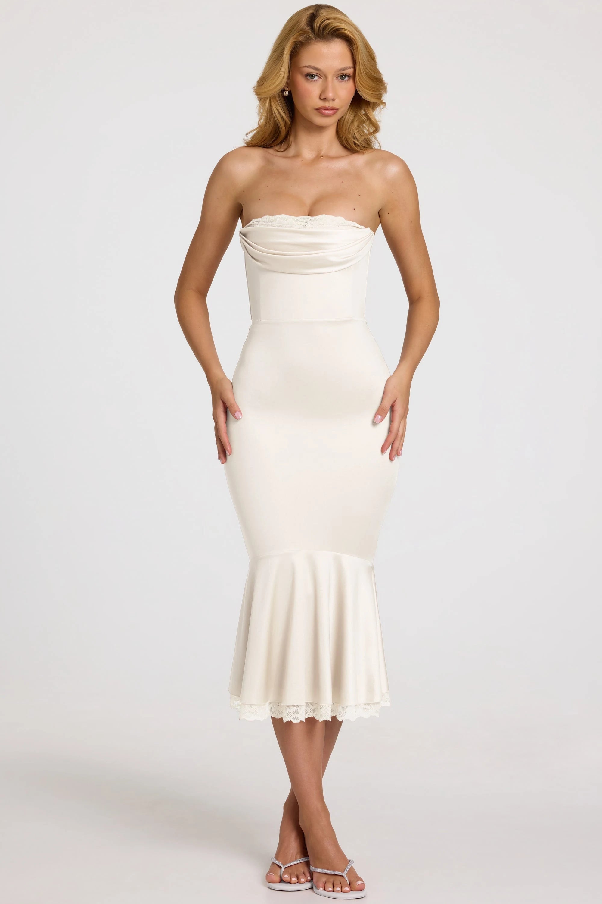 Elegant Fitted Strapless Draped Lace Trim Ivory Midi Prom Dress Women's Gown