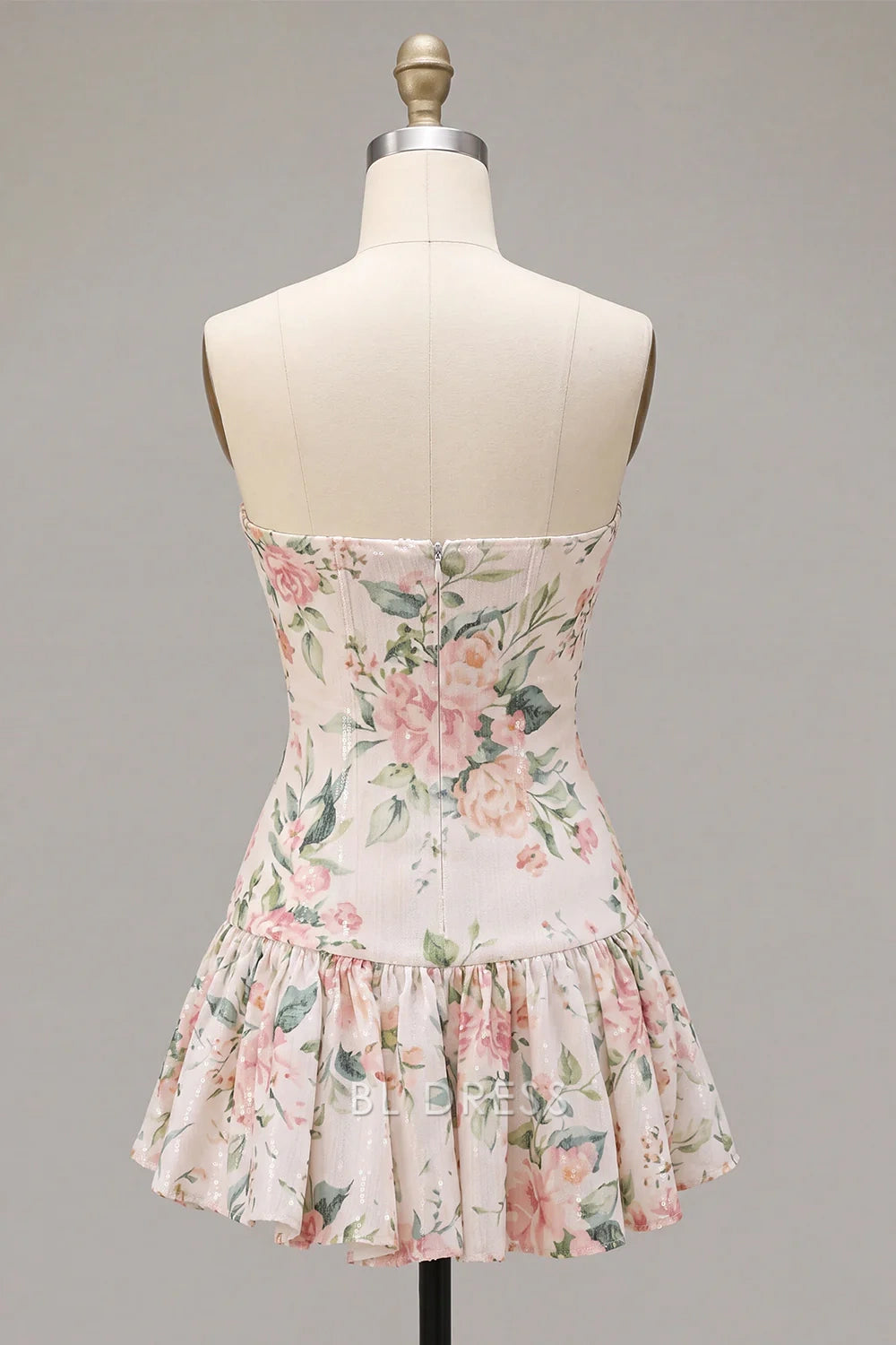 Elegant Fitted Strapless Floral Sequin Ruffled White Mini Homecoming Dress