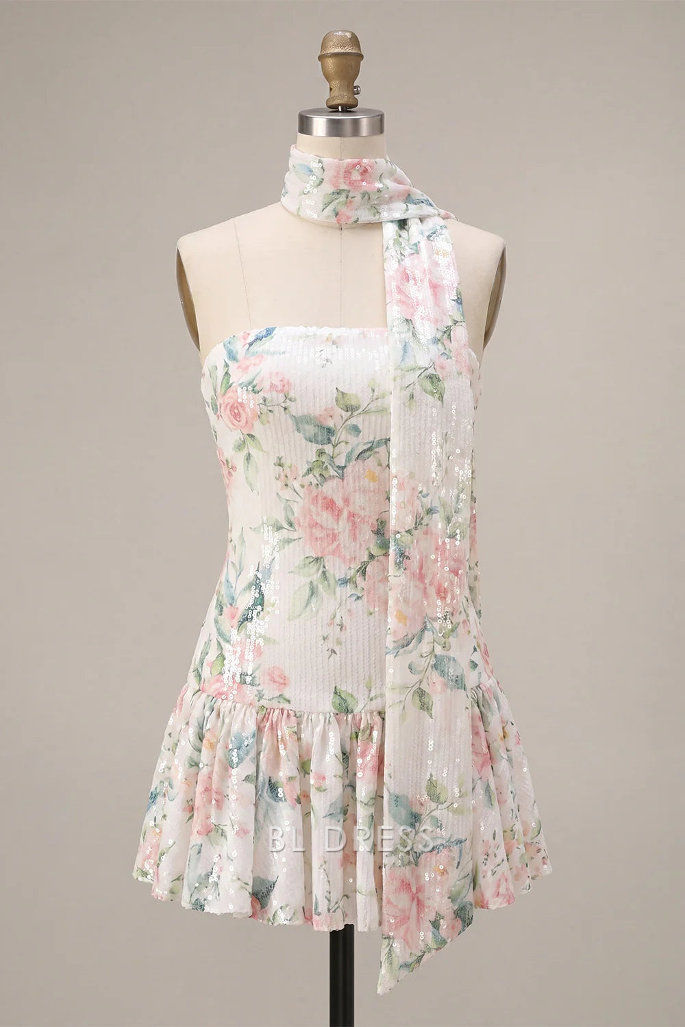 Elegant Fitted Strapless Floral Sequin Ruffled White Mini Homecoming Dress